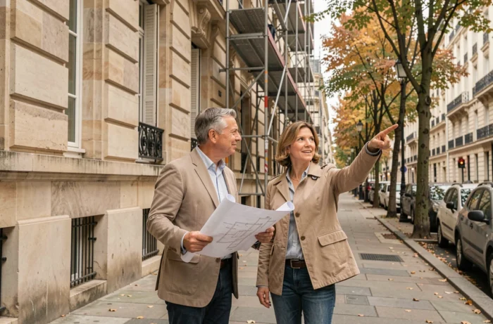 Couple examinant les plans d'un bien immobilier en rénovation dans le cadre d'un prêt Casden en 2026