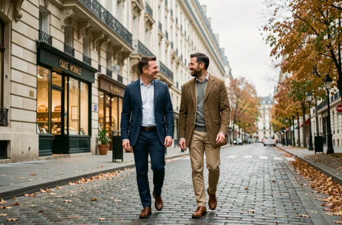 Deux hommes en tenue décontractée marchant et souriant sur une rue pavée parisienne en automne, moment complice et naturel en couple