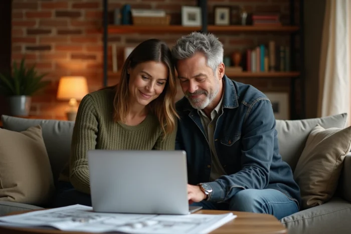 Couple consultant une plateforme de simulation de prêt immobilier sur un ordinateur portable dans leur salon