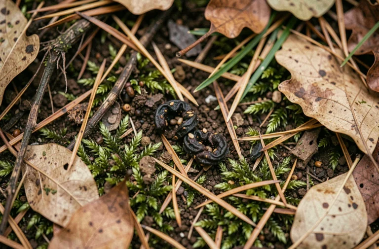 Crottes de renard ou blaireau sur un sol forestier moussu avec feuilles mortes et aiguilles de pin, photographie macro éducative