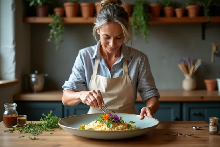 Femme arrangeant des fleurs comestibles sur un risotto dans une cuisine artisanale rustique, illustration de la cuisine créative au quotidien