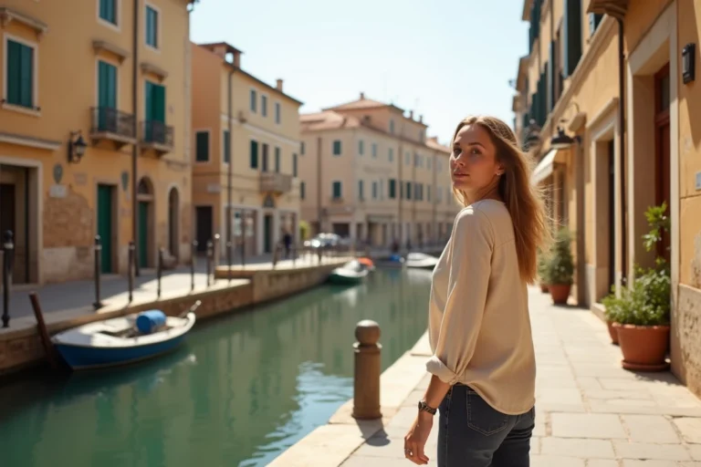 Vue pittoresque d'un quai de Sète avec une femme se promenant sur les pavés, décor typique du tournage de Demain Nous Appartient