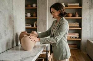 Femme élégante arrangeant des vases en céramique sur une console en marbre dans un salon contemporain décoré avec goût