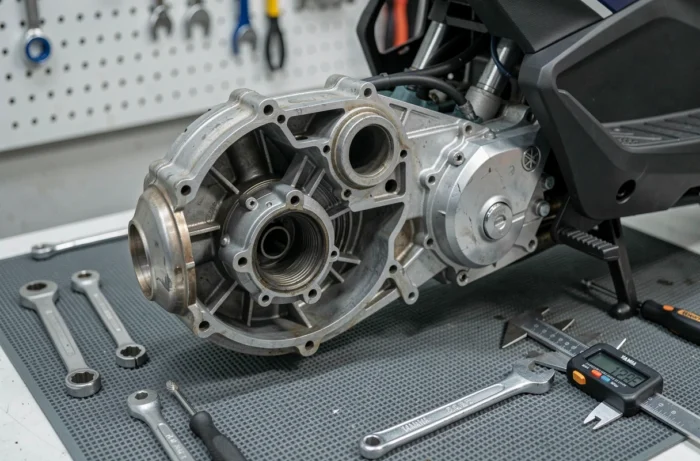 Détail moteur et pièces mécaniques d'un scooter Xmax 125 démontées sur un établi d'atelier