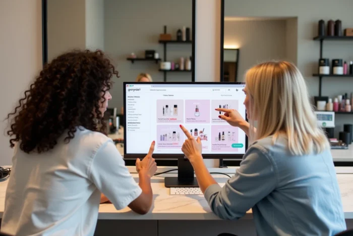 Deux femmes explorant ensemble le menu de navigation d'un site beauté dans un salon moderne