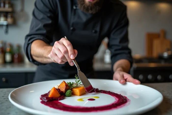 Chef à domicile appliquant une purée de betterave sur une assiette blanche avec des légumes rôtis, technique de dressage créatif en cuisine moderne