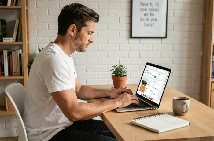 Entrepreneur travaillant sur une campagne de marketing digital depuis son bureau à domicile