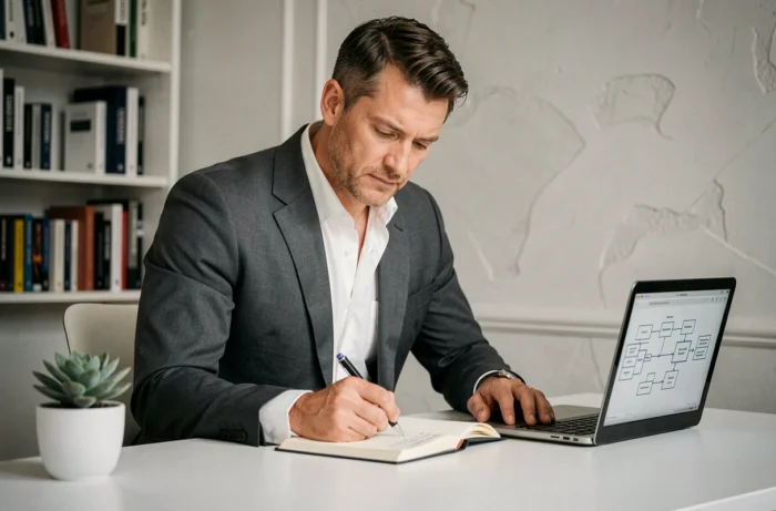 Entrepreneur masculin planifiant la structure de son business avec un cahier et un ordinateur portable en 2026
