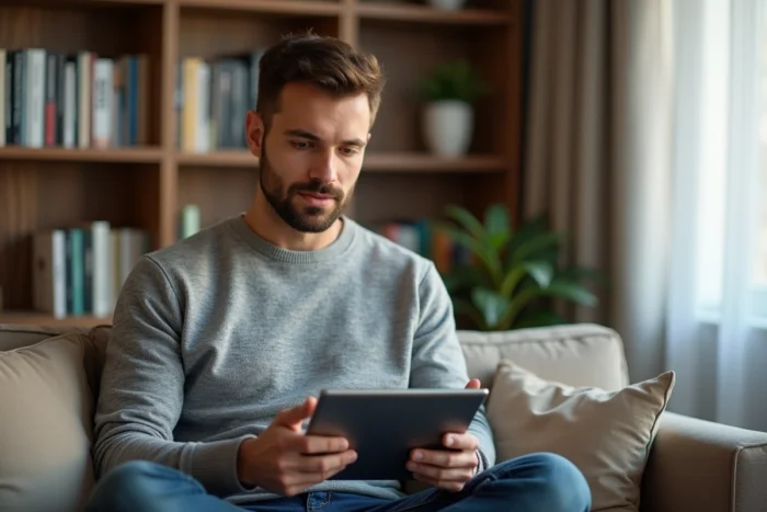 Entrepreneur consultant des statistiques de croissance sur les réseaux sociaux depuis son bureau à domicile
