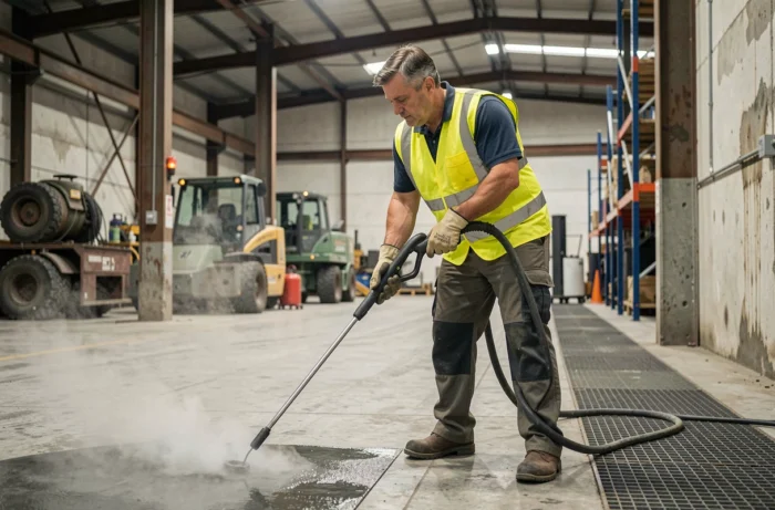 Technicien en tenue de sécurité utilisant un nettoyeur vapeur industriel dans un entrepôt de fabrication