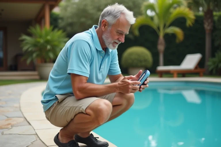 Homme vérifiant la qualité de l'eau d'une piscine au sel avec un testeur numérique lors de l'entretien régulier