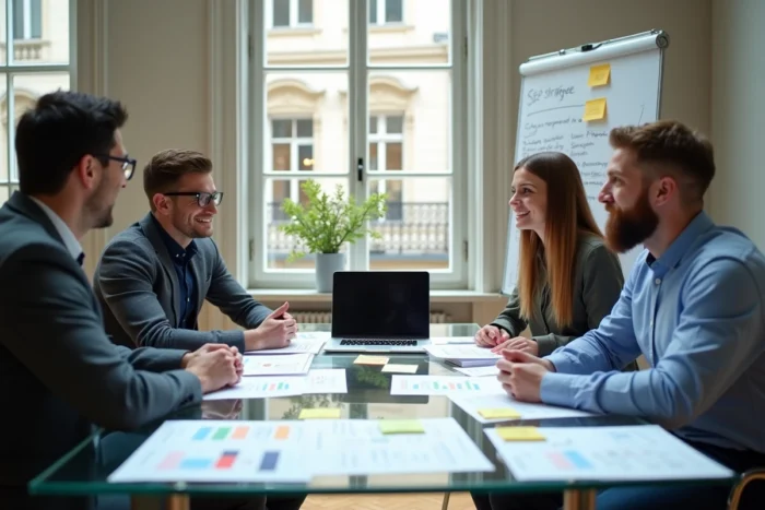Équipe d'une agence SEA à Rennes collaborant autour d'une stratégie de visibilité en ligne dans un espace de travail moderne