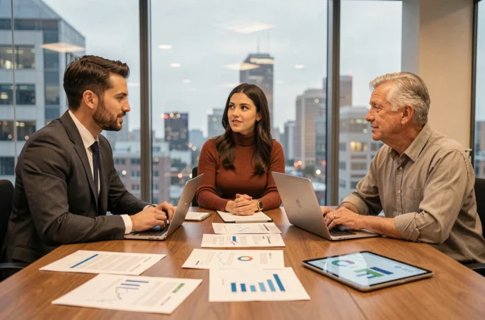 Équipe de professionnels analysant des données marketing autour d'une table de réunion