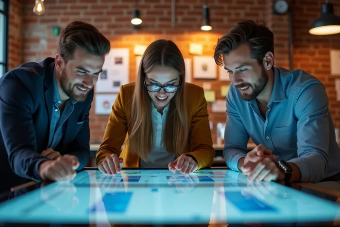 Équipe marketing collaborant autour d'un écran tactile pour planifier une stratégie de contenu digital
