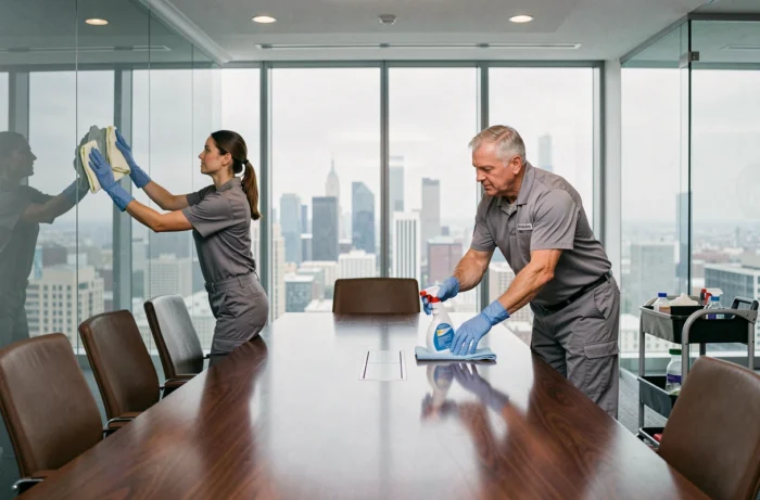 Équipe de nettoyage professionnel désinfectant une salle de réunion en verre dans un immeuble de bureaux moderne