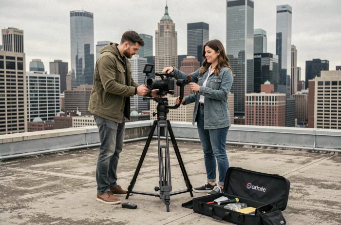 Équipe de tournage vidéo installant une caméra sur un toit en milieu urbain pour une production commerciale