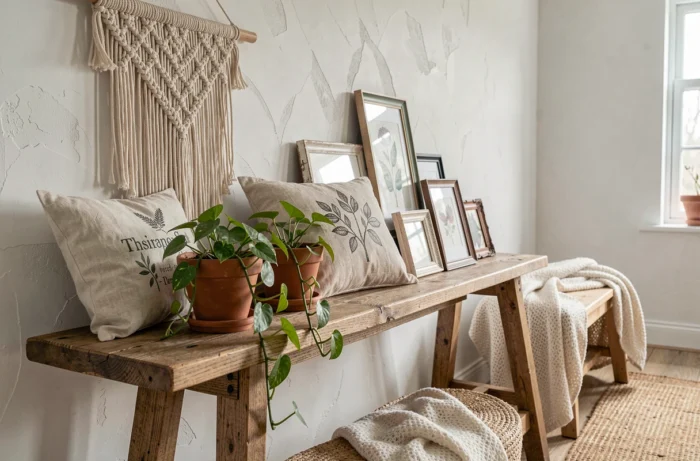 Étagère en chêne avec décorations DIY faites main : macramé, plantes en pot, coussins brodés et cadres vintage dans un salon scandinave