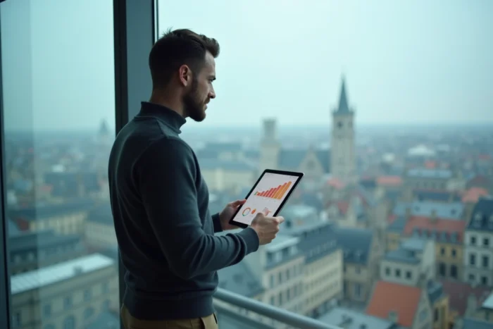 Expert SEA tenant une tablette avec des résultats de campagne publicitaire devant une vue panoramique de la ville de Rennes