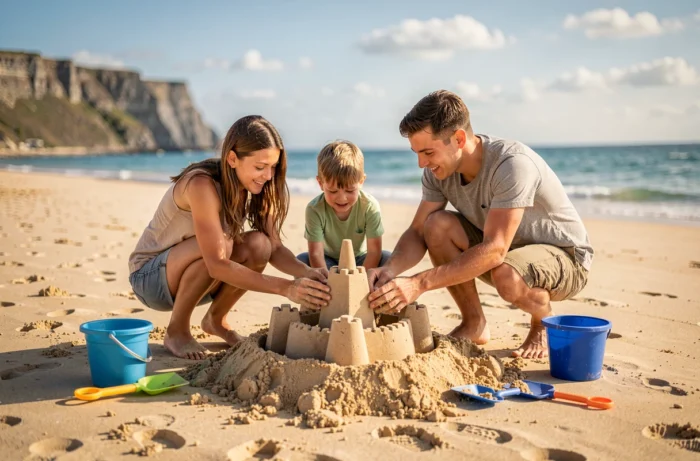 Famille avec enfant construisant un château de sable sur une plage lors de vacances estivales au bord de la mer