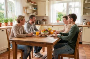 Famille épanouie partageant un petit-déjeuner convivial autour d'une grande table en bois dans une cuisine chaleureuse
