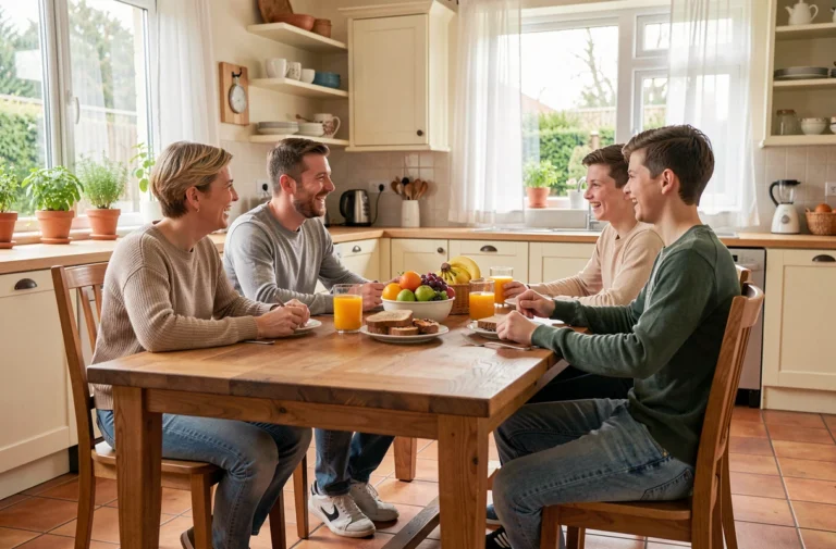 Famille épanouie partageant un petit-déjeuner convivial autour d'une grande table en bois dans une cuisine chaleureuse
