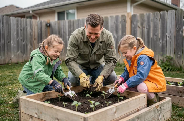Père et ses deux filles jardinent ensemble dans un potager familial en plein air lors d'un après-midi tranquille