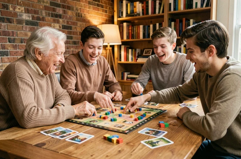 Famille multigénérationnelle jouant à un jeu de société autour d'une grande table en bois dans un salon chaleureux