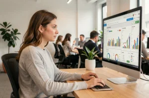 Une femme analyste SEO examine des données de trafic et des graphiques de mots-clés sur un écran d'ordinateur dans un bureau moderne