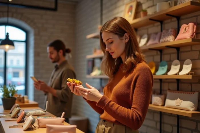 Femme découvrant des accessoires beauté originaux dans une boutique concept store aux murs en brique apparente