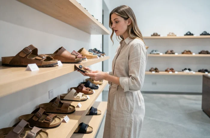 Jeune femme examinant le prix d'une sandale Birkenstock dans une boutique de chaussures parisienne minimaliste