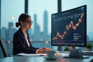 Femme cadre analysant des graphiques financiers sur un écran dans un bureau moderne avec vue sur la ville