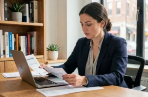 Femme comparant des solutions bancaires sur ordinateur portable dans un bureau à domicile moderne