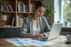 Femme comparant des relevés de tarifs bancaires sur un bureau en bois dans un bureau à domicile moderne