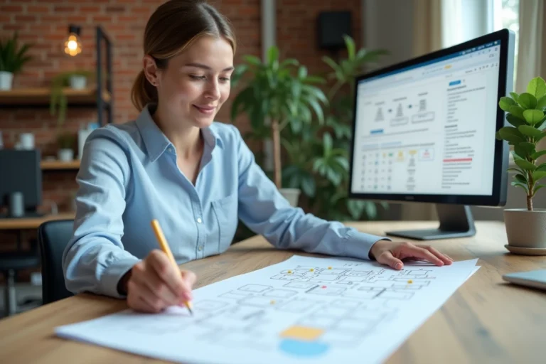 Femme consultant un plan de site imprimé sur un bureau en bois dans un espace de travail moderne