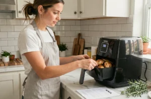 Femme débutante utilisant un Air Fryer Ninja avec une recette imprimée sur le comptoir de cuisine