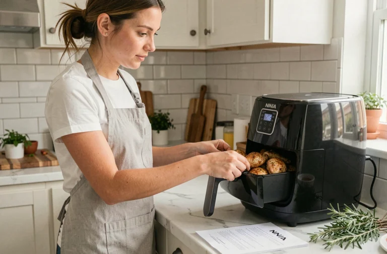 Femme débutante utilisant un Air Fryer Ninja avec une recette imprimée sur le comptoir de cuisine