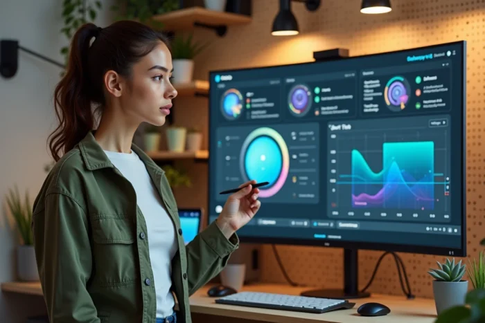 Femme utilisant un écran incurvé ultrawide pour gérer une interface domotique intelligente