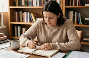 Femme concentrée en train d'écrire dans un cahier à son bureau en bois, illustrant la question orthographique à tout à l'heure