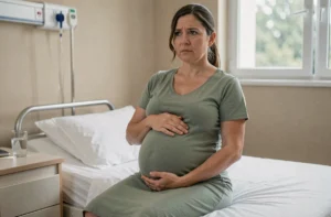 Femme enceinte assise sur un lit d'hôpital en salle de maternité, mains posées sur le ventre, expression sereine et attentive