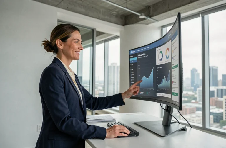 Femme entrepreneur analysant un tableau de bord numérique pour structurer son business en 2026