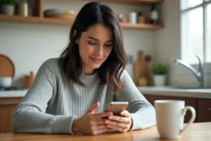 Femme consultant l'espace client Merci Victor sur son smartphone depuis sa cuisine pour accéder à ses garanties