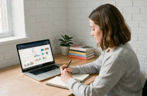 Femme suivant une formation en marketing digital sur son ordinateur portable dans un bureau à domicile moderne