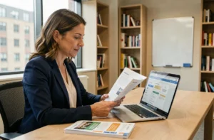 Femme professionnelle consultant une plateforme de formation en ligne dans un espace de travail moderne