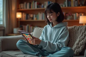 Jeune femme lisant des webtoons sur une tablette dans un salon confortable, illustration d'un accès facile à une plateforme de lecture de webtoons