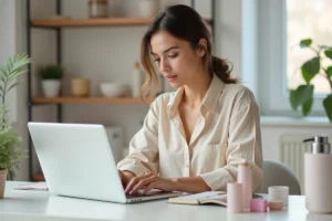 Femme naviguant sur un site beauté depuis son bureau minimaliste avec un ordinateur portable ouvert
