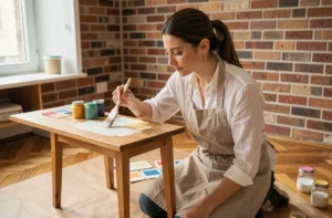 Femme rénovant une table en bois avec de la peinture craie dans un salon de style industriel, idée DIY déco intérieur