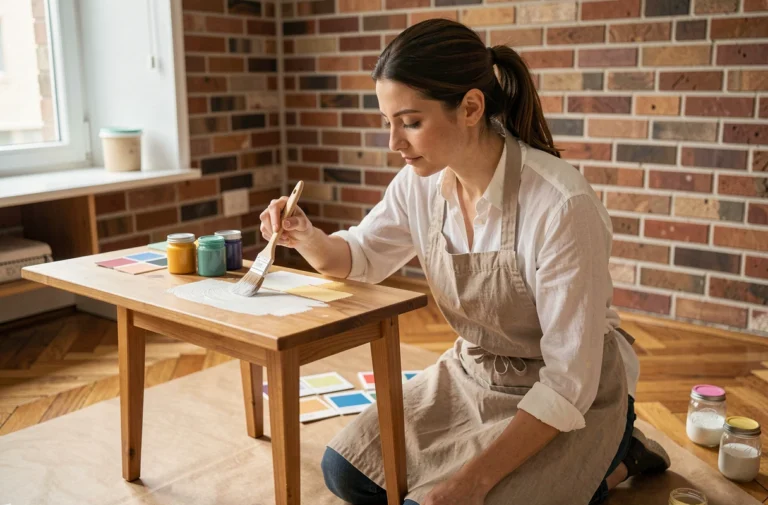 Femme rénovant une table en bois avec de la peinture craie dans un salon de style industriel, idée DIY déco intérieur