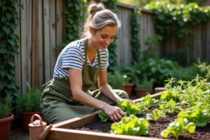 Femme soignant ses plants de légumes dans un potager surélevé en bois avec arrosoir en terre cuite