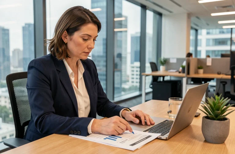 Femme professionnelle en blazer marine analysant des documents d'assurance et de placement dans un bureau moderne