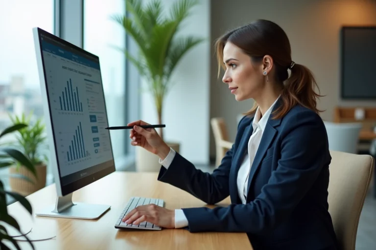 Femme professionnelle consultant une plateforme de financement immobilier sur un écran dans un bureau moderne